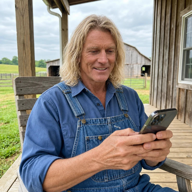 Alois Holzer mit Mobiltelefon auf der Veranda