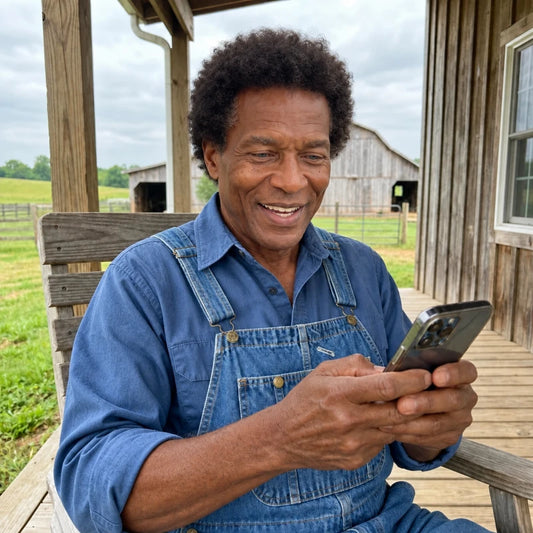Arnulf Lindner mit Mobiltelefon auf der Veranda