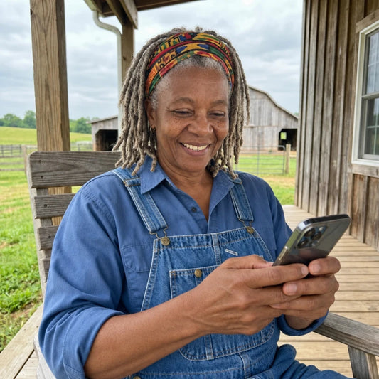 Mei Sommer mit Mobiltelefon auf der Veranda