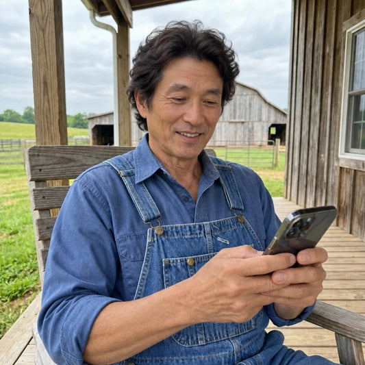 Moritz Klein mit Mobiltelefon auf der Veranda
