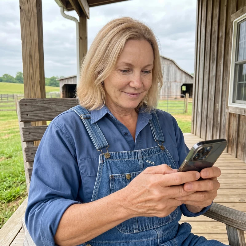 Rosemarie Wieser mit Mobiltelefon auf der Veranda
